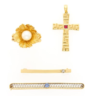 Lot 1213 - Gold and Cultured Pearl Ring, Two Yellow and White Gold, Diamond and Sapphire Bar Pins and Gold and Ruby Cross Pendant