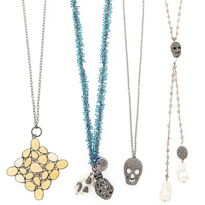 Lot 1193 - Four Blackened Silver, Gem-Set and Multicolored Diamond Pendant-Necklace