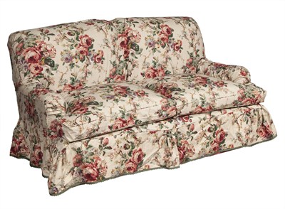 Lot 339 - Cotton Damask Two-Cushion Sofa With floral...