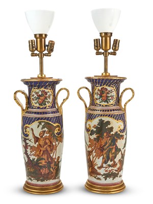 Lot 337 - Pair of Painted and Gilt Decoupage Lamps...