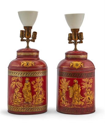 Lot 363 - Pair of Gilt-Decorated Red Tole Tea Canister...