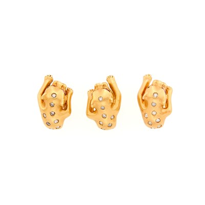 Lot 1288 - Pair of Gold, Diamond and Ruby Panther Earrings and Single Earring