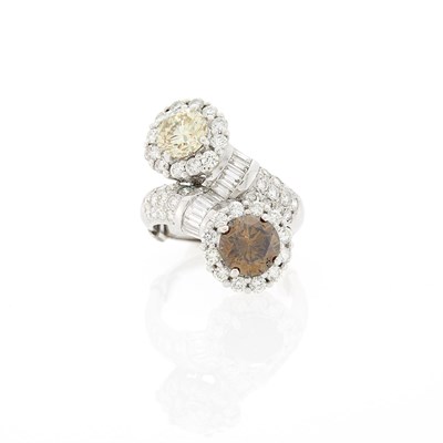 Lot 1141 - Rhodium-Plated Gold, Colored Diamond and Diamond Crossover Ring