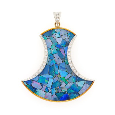 Lot 1269 - Two-Color Gold, Opal Mosaic, Black Onyx and Diamond Pendant