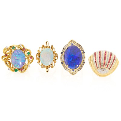 Lot 1264 - Four Gold, Opal, Gem-Set and Diamond Rings