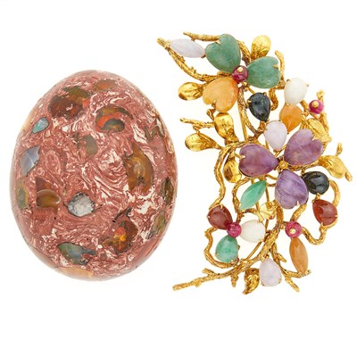 Lot 2409 - Gold, Hardstone, Gem-Set and Multicolored Jade Brooch and Opal and Clay Egg Object