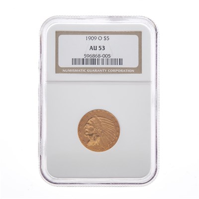 Lot 1067 - United States 1909-O $5 Key Date Indian Head Half Eagle NGC AU53