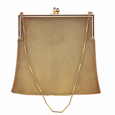 Lot 1239 - Gold, Enamel and Cabochon Sapphire Mesh Purse