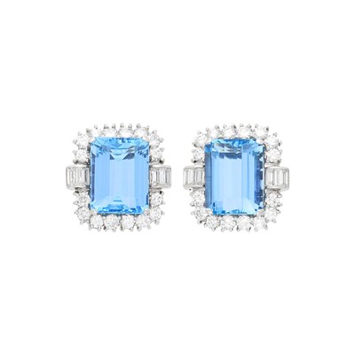 Lot 159 - Pair of Platinum, Aquamarine and Diamond Earclips