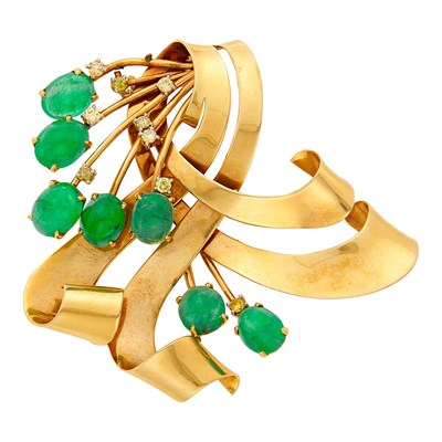 Lot 1180 - Trabert & Hoeffer, Mauboussin Gold, Cabochon Emerald and Colored Diamond 'Reflection' Clip-Brooch