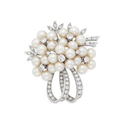 Lot 1167 - Platinum, Cultured Pearl and Diamond Bouquet Pendant-Brooch