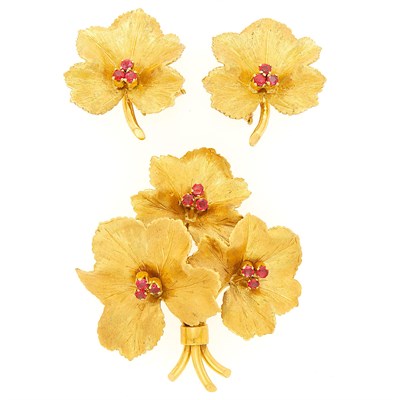 Lot 1186 - Tiffany & Co. Gold and Ruby Leaf Brooch and Pair of Earclips