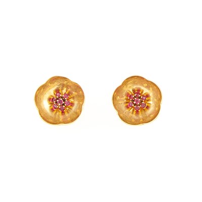Lot 1187 - Pair of Gold and Ruby Poppy Flower Earclips