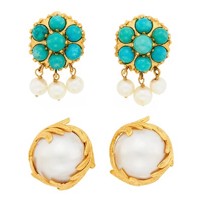 Lot 1196 - Pair of Gold and Mabé Pearl Earclips and Turquoise and Cultured Pearl Earclips