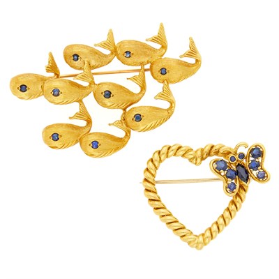 Lot 1246 - Tiffany & Co. Gold and Sapphire Butterfly and Heart Brooch and Erwin Pearl School of Fish Brooch
