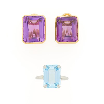 Lot 1144 - Pair of Gold and Amethyst Earclips and Tiffany & Co. White Gold and Aquamarine Ring