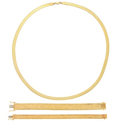 Lot 1233 - Two Gold Mesh Bracelets and Necklace
