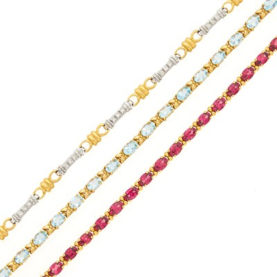 Lot 1265 - Two Gold, Aquamarine and Garnet Bracelets and Two-Color Low Karat Gold and Diamond Bracelet
