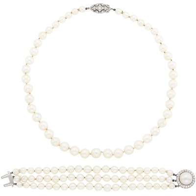Lot 1150 - Triple Strand Cultured Pearl, White Gold, Mabé Pearl and Diamond Bracelet and Necklace