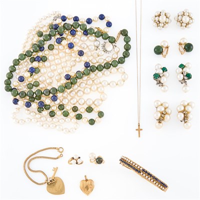 Lot 1212 - Six Cultured Pearl, Nephrite and Lapis Bead Necklaces, Four Pairs of Earclips and Group of Gold Jewelry