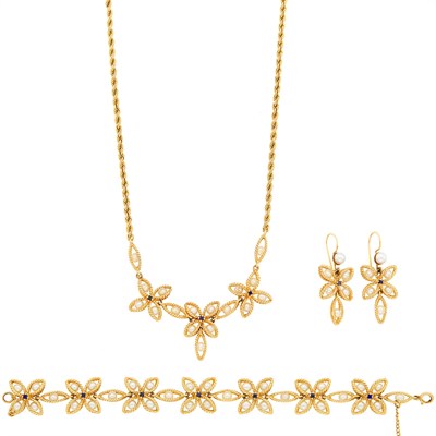Lot 1215 - Gold and Cultured Pearl Necklace, Bracelet and Pair of Pendant-Earrings
