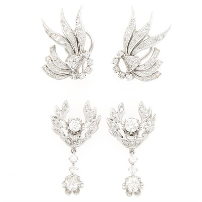 Lot 1112 - Two Pairs of White Gold and Diamond Pendant-Earrings