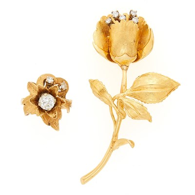 Lot 1189 - Gold and Diamond Flower Brooch and Ring