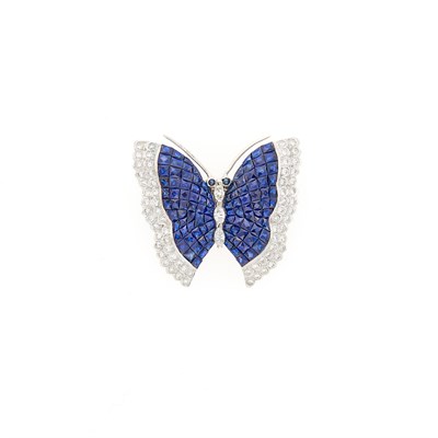 Lot 1134 - White Gold, Invisibly-Set Sapphire and Diamond Butterfly Pin-Pendant