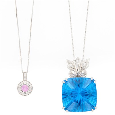Lot 1157 - White Gold, Blue Topaz and Diamond Pendant-Necklace and Silver, White Gold, Pink Sapphire and Diamond Pendant-Necklace