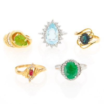 Lot 1110 - Five Yellow and White Gold, Gem-Set and Diamond Rings
