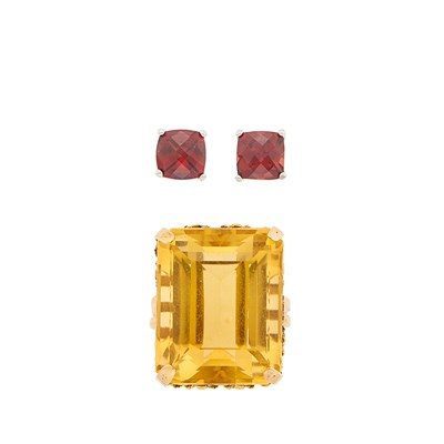 Lot 1164 - Low Karat Gold and Citrine Ring and Pair of White Gold and Garnet Earrings
