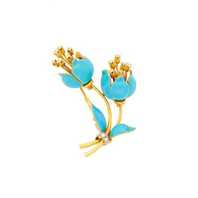 Lot 1198 - Gold, Turquoise Enamel and Diamond Flower Brooch