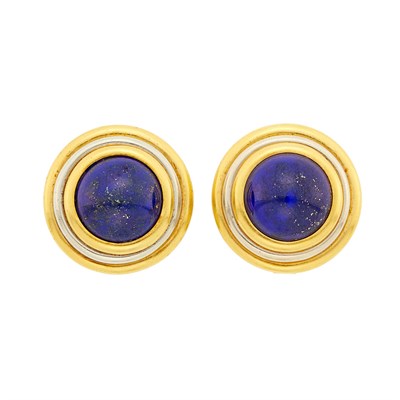 Lot 1247 - Pair of Two-Color Gold and Lapis Earclips