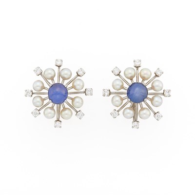 Lot 1170 - Raymond Yard Pair of White Gold, Star Sapphire, Cultured Pearl and Diamond Earclips