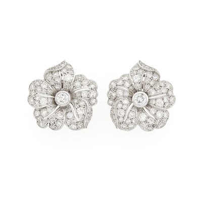 Lot 1125 - Pair of White Gold and Diamond Flower Earrings