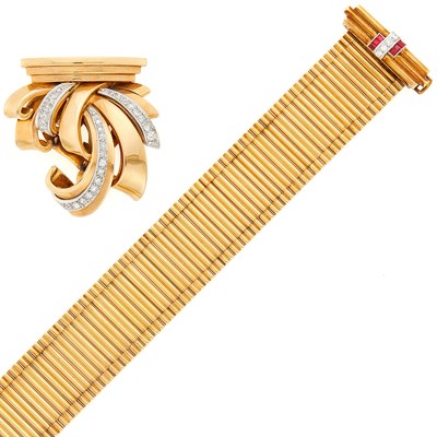 Lot 1172 - Gold, Diamond and Ruby Bracelet Fragment with Gold and Diamond Clip