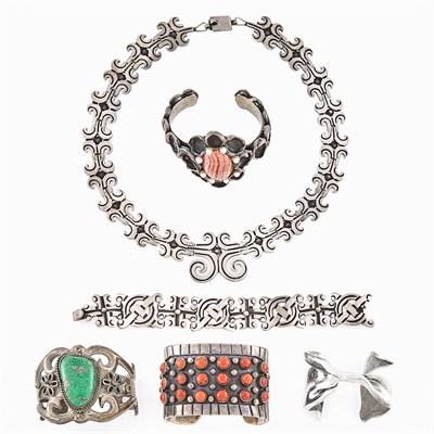 Lot 1228 - Four Silver and Hardstone Cuff Bracelets, Silver Necklace and Bracelet