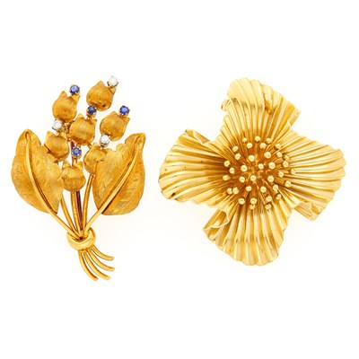 Lot 1238 - Tiffany & Co. Gold Flower Clip-Brooch and Bouquet Brooch