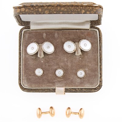 Lot 1106 - Gentleman's Two-Color Gold, Mother-of-Pearl and Diamond Dress Set and Pair of Gold Cufflinks