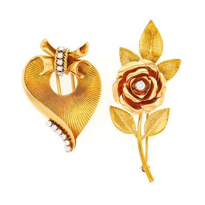 Lot 1184 - Two-Color Gold and Diamond Flower Brooch and Diamond Heart Clip-Brooch