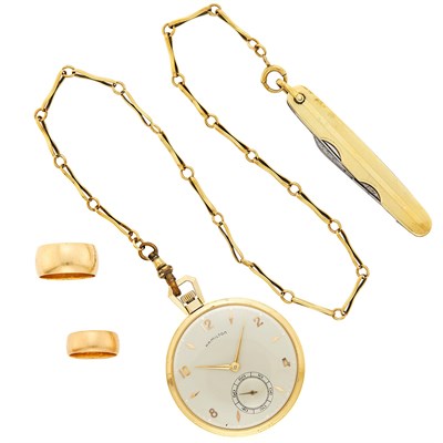 Lot 1175 - Hamilton Gold Open Face Pocket Watch, Pocket Knife and Chain and Two Gold Band Rings