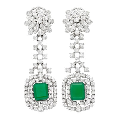 Lot 1115 - Pair of White Gold, Green Onyx and Diamond Pendant-Earrings