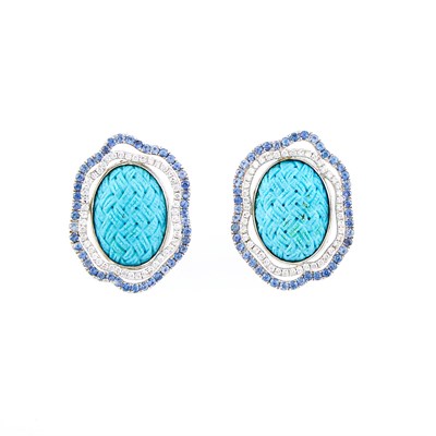 Lot 1156 - Pair of White Gold, Carved Turquoise, Sapphire and Diamond Earclips