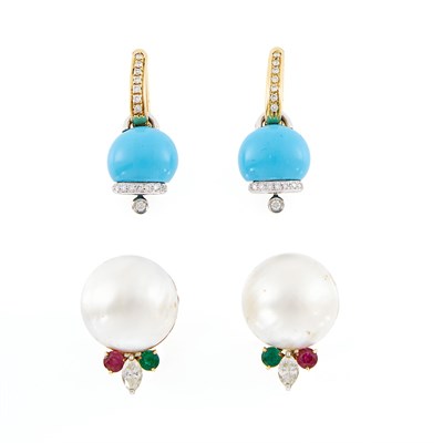 Lot 1154 - Pair of Mabé Pearl, Gem-Set and Diamond Earclips and Two-Color Gold, Imitation Turquoise and Diamond Earclips