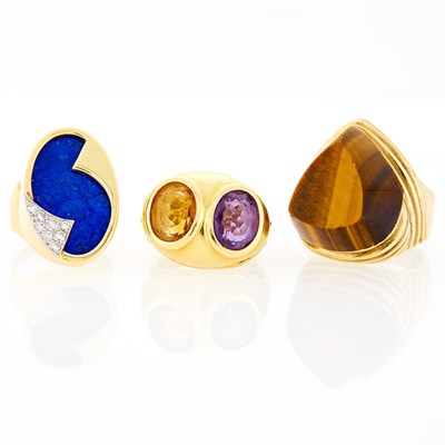 Lot 1249 - Gold and Tiger's Eye Ring, Lapis and Diamond Ring and Amethyst and Citrine Ring
