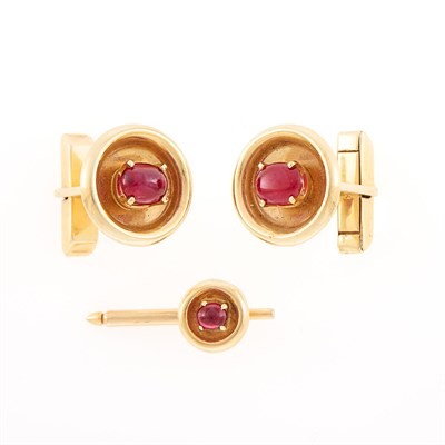 Lot 1191 - Attributed to Wander Pair of Gold and Ruby Cufflinks and Shirt Stud