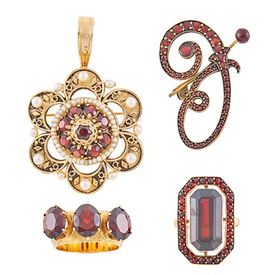 Lot 1241 - Two Gold and Garnet Rings, Garnet and Seed Pearl Pendant-Brooch and Gilt-Metal and Garnet Brooch