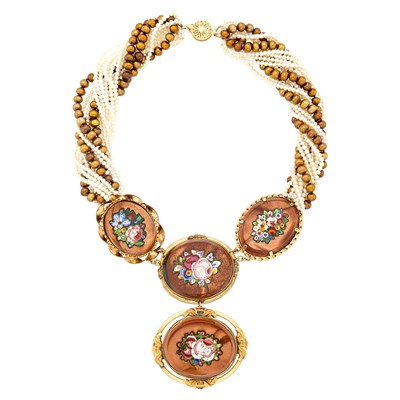 Lot 1223 - Multistrand White and Dyed Brown Freshwater Pearl, Gold, Metal, Goldstone and Micromosaic Pendant-Necklace