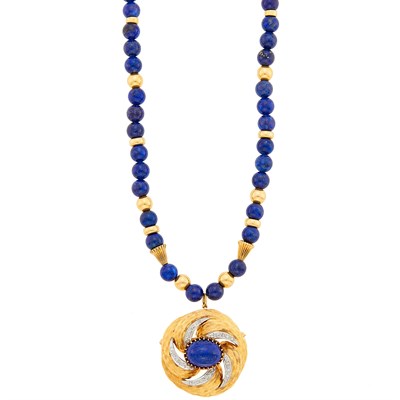 Lot 1251 - Two-Color Gold and Lapis Pendant-Brooch with Lapis and Gold Bead Necklace