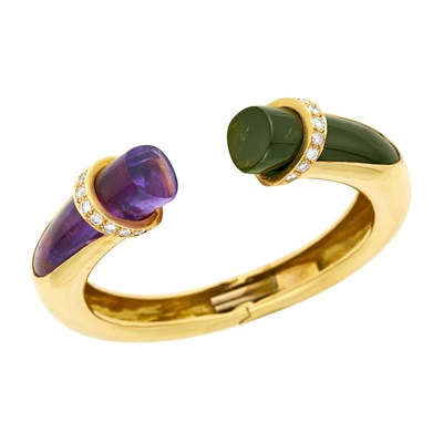 Lot 11 - Gold, Tourmaline, Amethyst and Diamond Bangle Bracelet